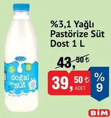DOST %3,1 YAĞLI PASTÖRİZE SÜT 1 L fiyat ve kampanya bilgisi